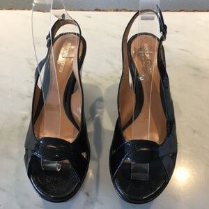 SERGIO ROSSI PLATFORM BLACK PATENT LEATHER SANDALS SZ 38